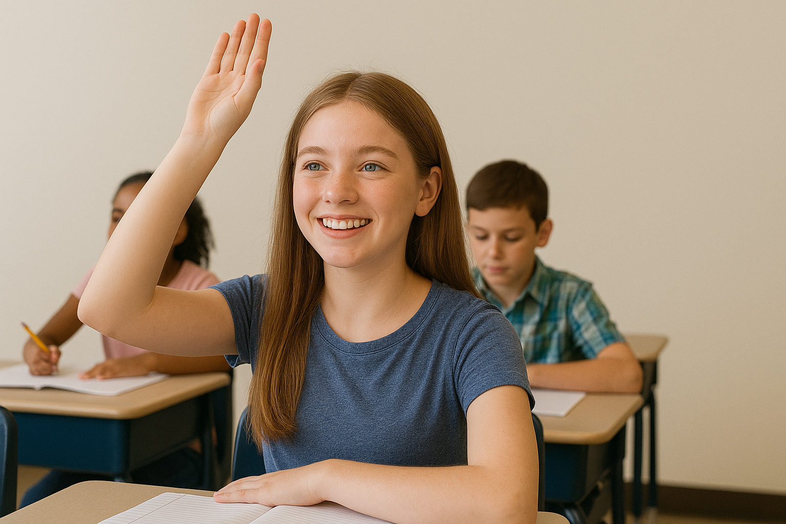 Confident teenage girl raising her hand in class