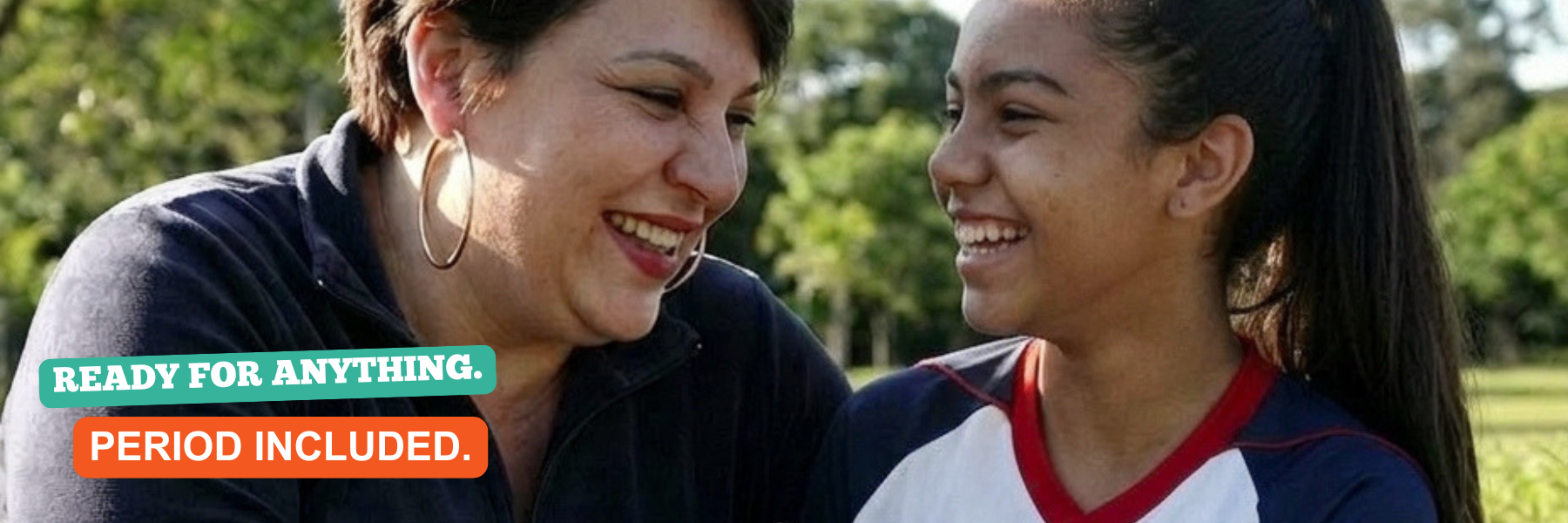 Mother and daughter sitting together outdoors laughing, girl wearing a sports uniform, Eltee Sydney first period underwear and essentials