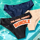 Three pairs of women's bikini briefs in navy, black, and beige are arranged on a swimming pool deck with turquoise water. Water droplets are visible on the fabric, and a large text overlay reads 'THE POOL PERFECT BUNDLE'.