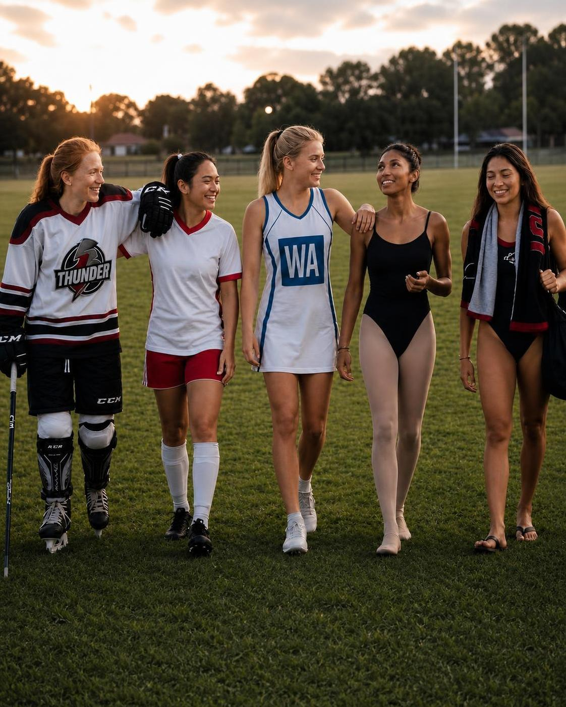 Women athletes from different sports walking together across a playing field