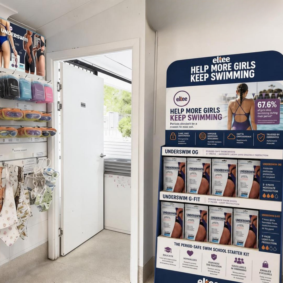 Eltee UnderSwim products displayed in a dedicated retail area at a swim centre