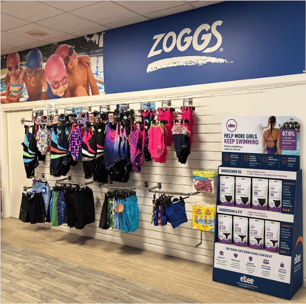 Existing UnderSwim freestanding display concept in a simulated swim shop; illustrative artwork and product arrangement