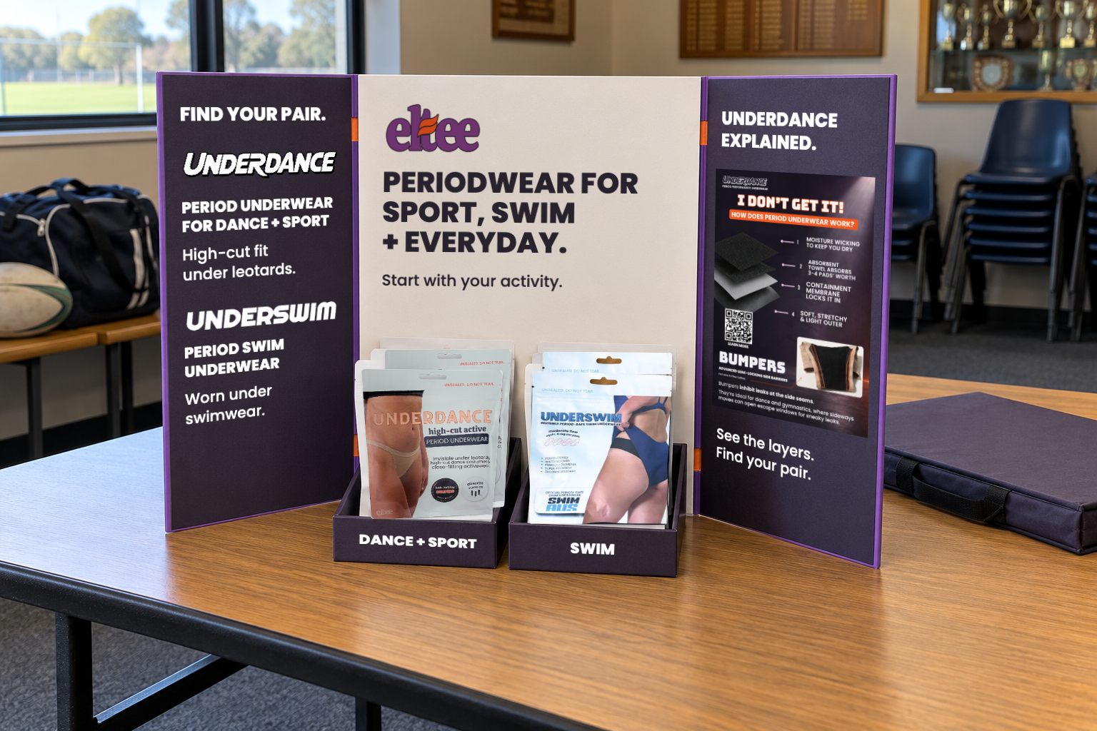 Concept illustration of a portable Eltee display with product trays and education panels in a simulated club setting; product selection is illustrative