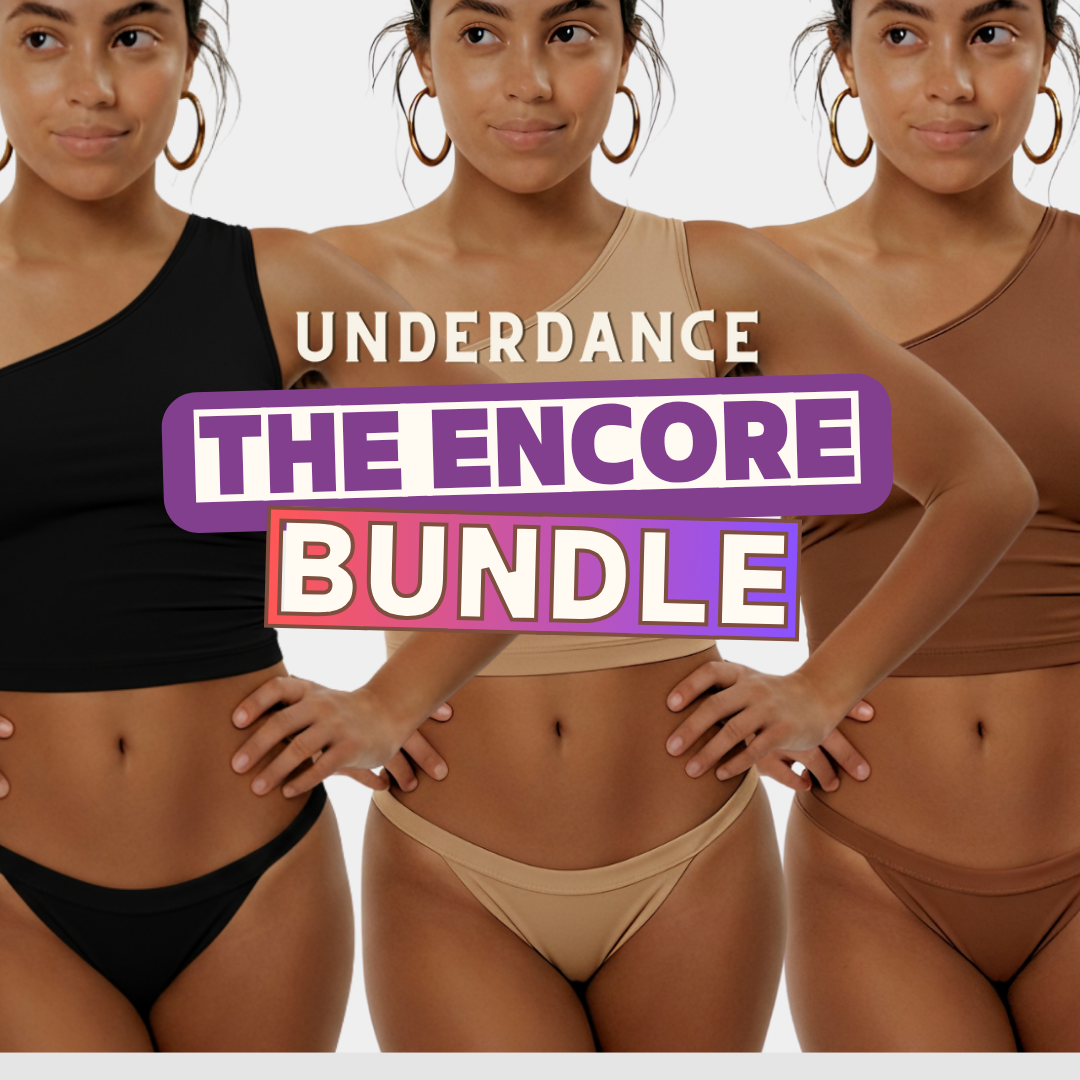The Encore Bundle, UnderDance period underwear shown in Black, Neutral and Brown