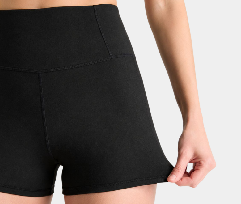 Close-up of UnderAustin on body, showing the soft leg fabric being stretched